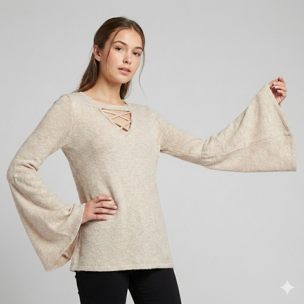 AMERICAN EAGLE M Bell Sleeve Lace Up‎ V Neck Knit Sweater Cream Bohemian Soft